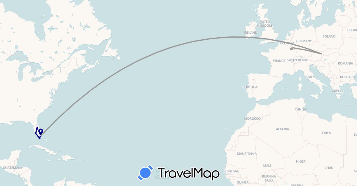 TravelMap itinerary: driving, plane in Austria, France, Luxembourg, United States (Europe, North America)